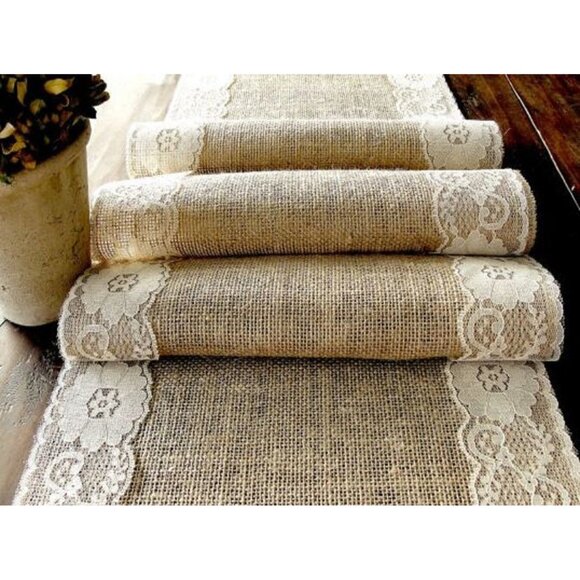 Long Burlap Table Runner with White Lace for Wedding Baby Bridal Shower 12 x 72 - Picture 2 of 4